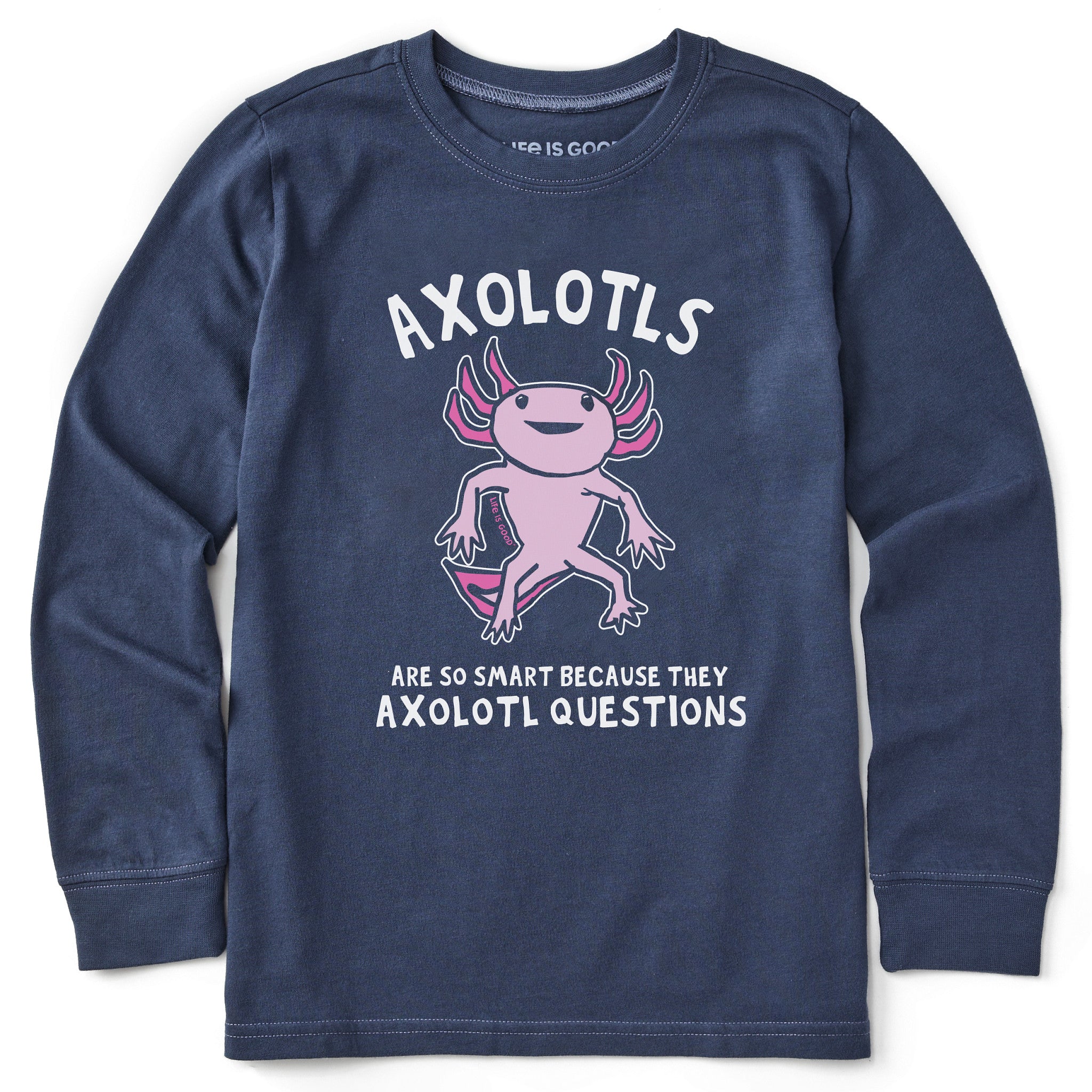 Life Is Good Kids Tie Dye Axolotl Questions Long Sleeve Crusher T-Shirt in Heather Gray | Size 2XL | Cotton/Polyester Life Is Good Kids Tie Dye Axolotl Questions Long Sleeve Crusher T-Shirt in Heather Gray | Size 2XL | Cotton/Polyester