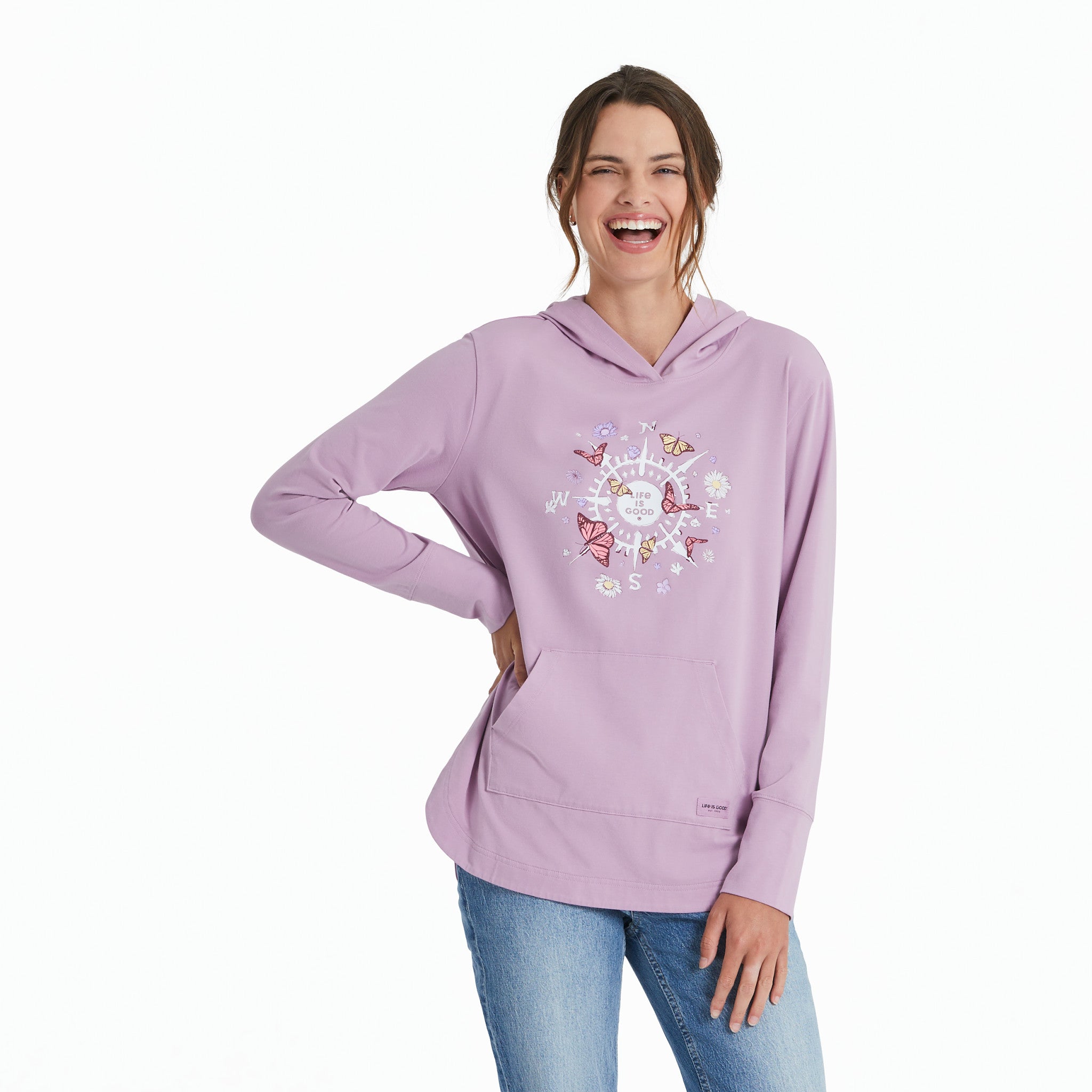 (取寄) ライフイズグッド レディース ムーン フラワー クラッシャー-フレックス チュニック Life is Good women Moon Flower Crusher-Flex Tunic Smoky Blue Life Is Good Women's Moon Tunic - Linabella