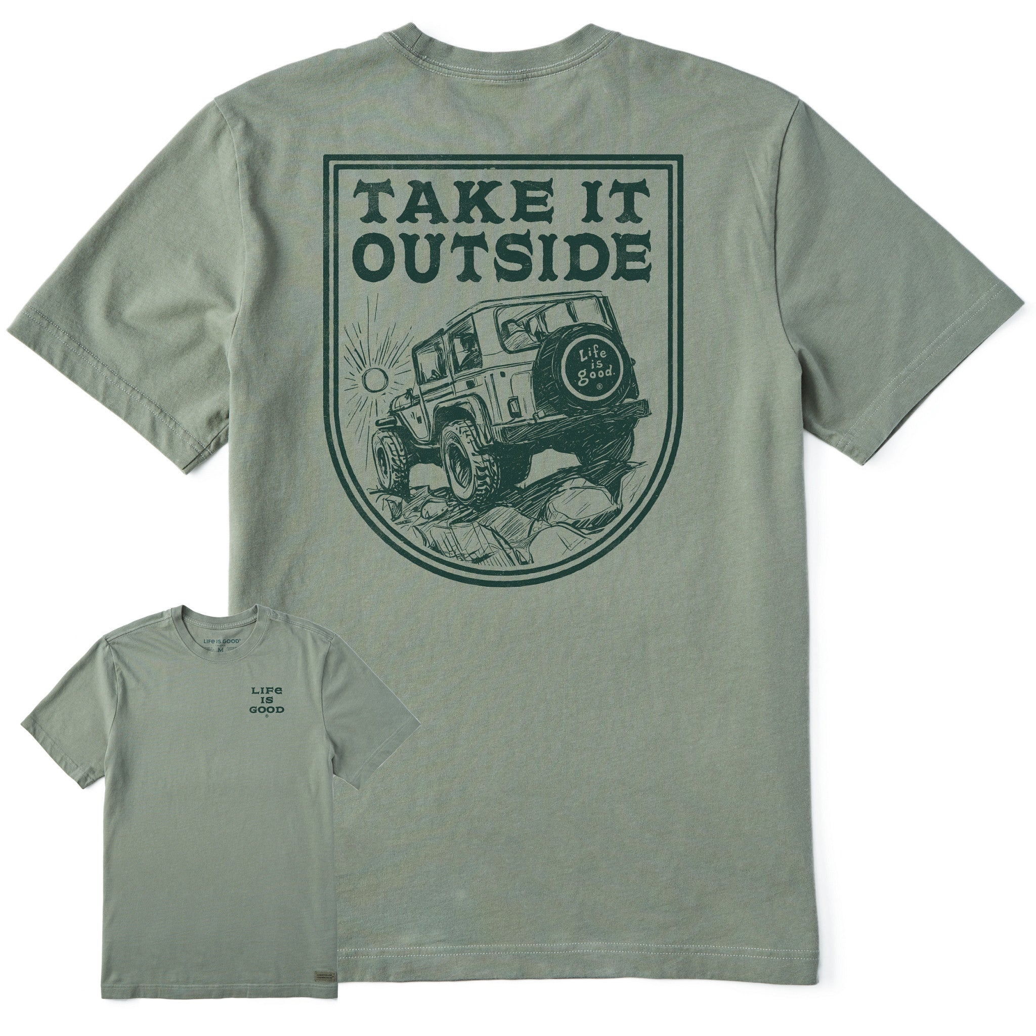 T-shirt Life Is Good Homme – Vert, Manches Courtes, Col Rond, Motif ATV/Jeep – Neuf