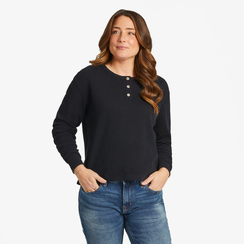 Women's Long Sleeve Henley Top - Cotton Blend, Loose Fit, V-Neck Button Down Casual Shirt