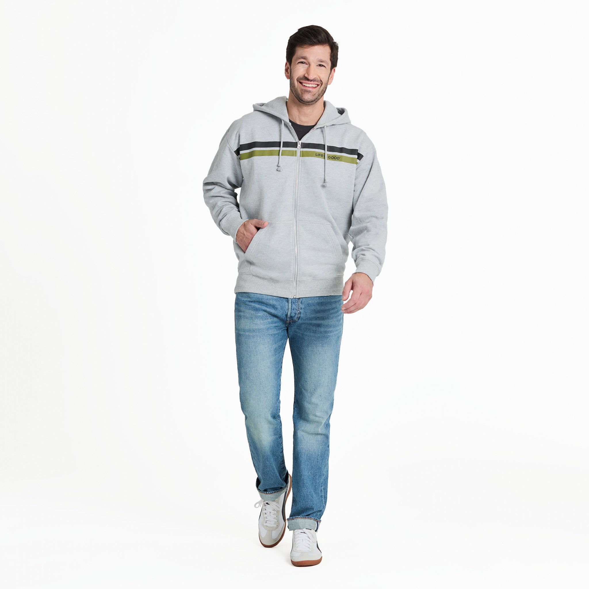 Men's Two Stripe Block Good Vibes Fleece Zip Hoodie | Shop Life is