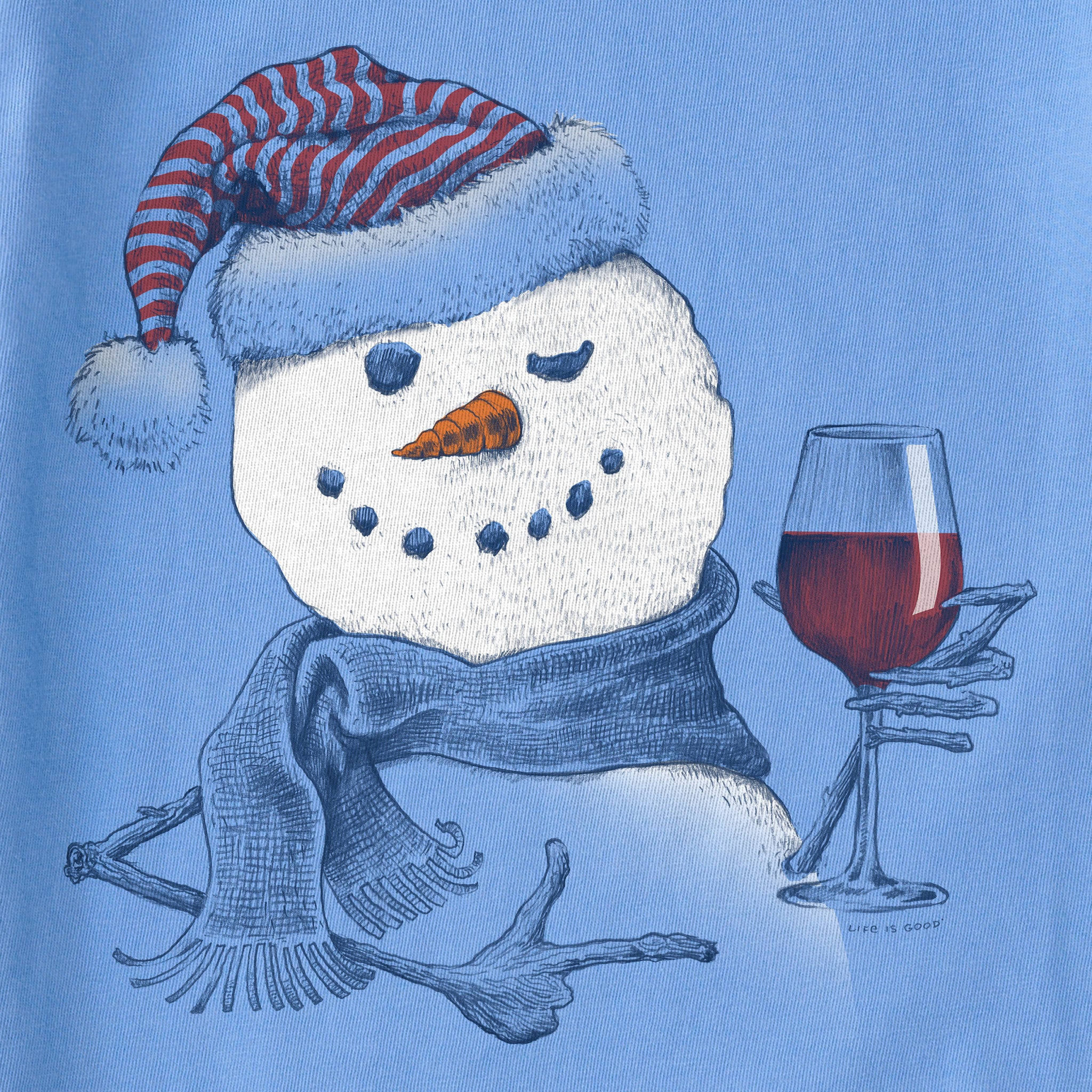 Life is Good Women's Snowman w Red Wine Long Sleeve Crusher T-Shirt in Moss Green | Size XS