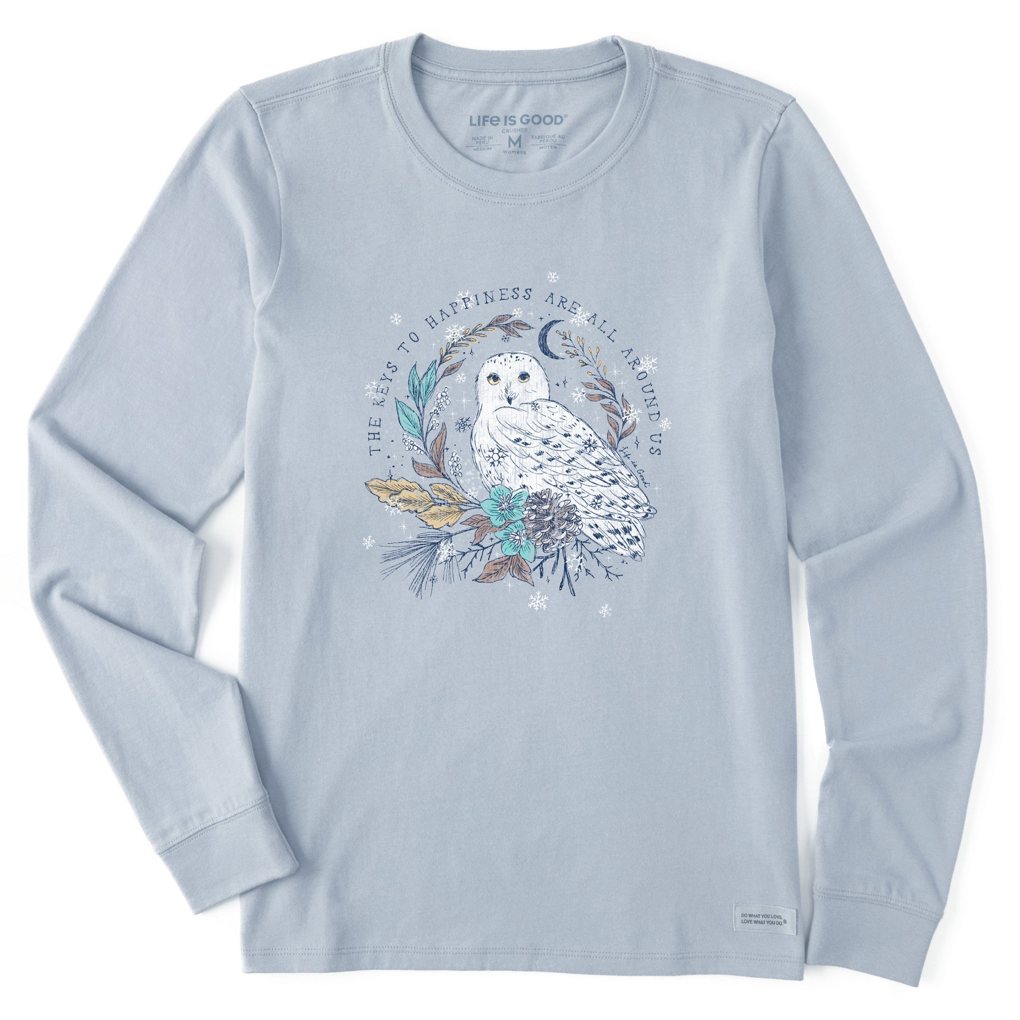 Life is Good Women's Key to Happiness Snowy Owl Long Sleeve Crusher T-Shirt in Moss Green | Size 2XL | Cotton/Polyester Life is Good Women's Key to Happiness Snowy Owl Long Sleeve Crusher T-Shirt in Moss Green | Size 2XL | Cotton/Polyester