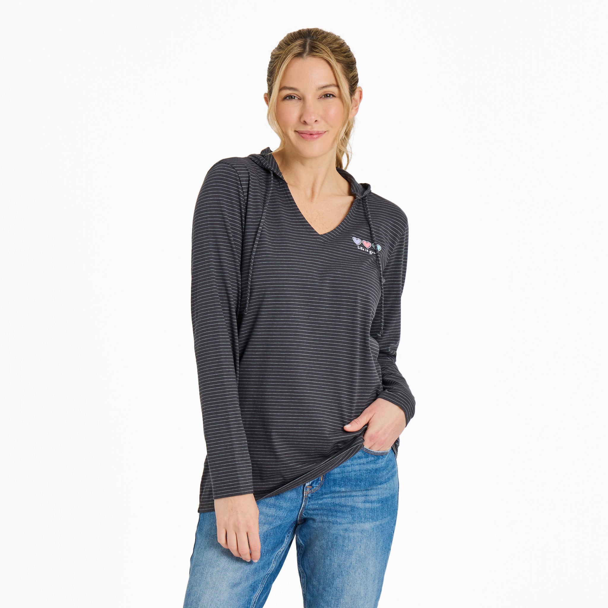 トップス MATCH LONG TEE short Women's 3 Hearts Long Sleeve Striped Crusher-LITE Hooded Tee