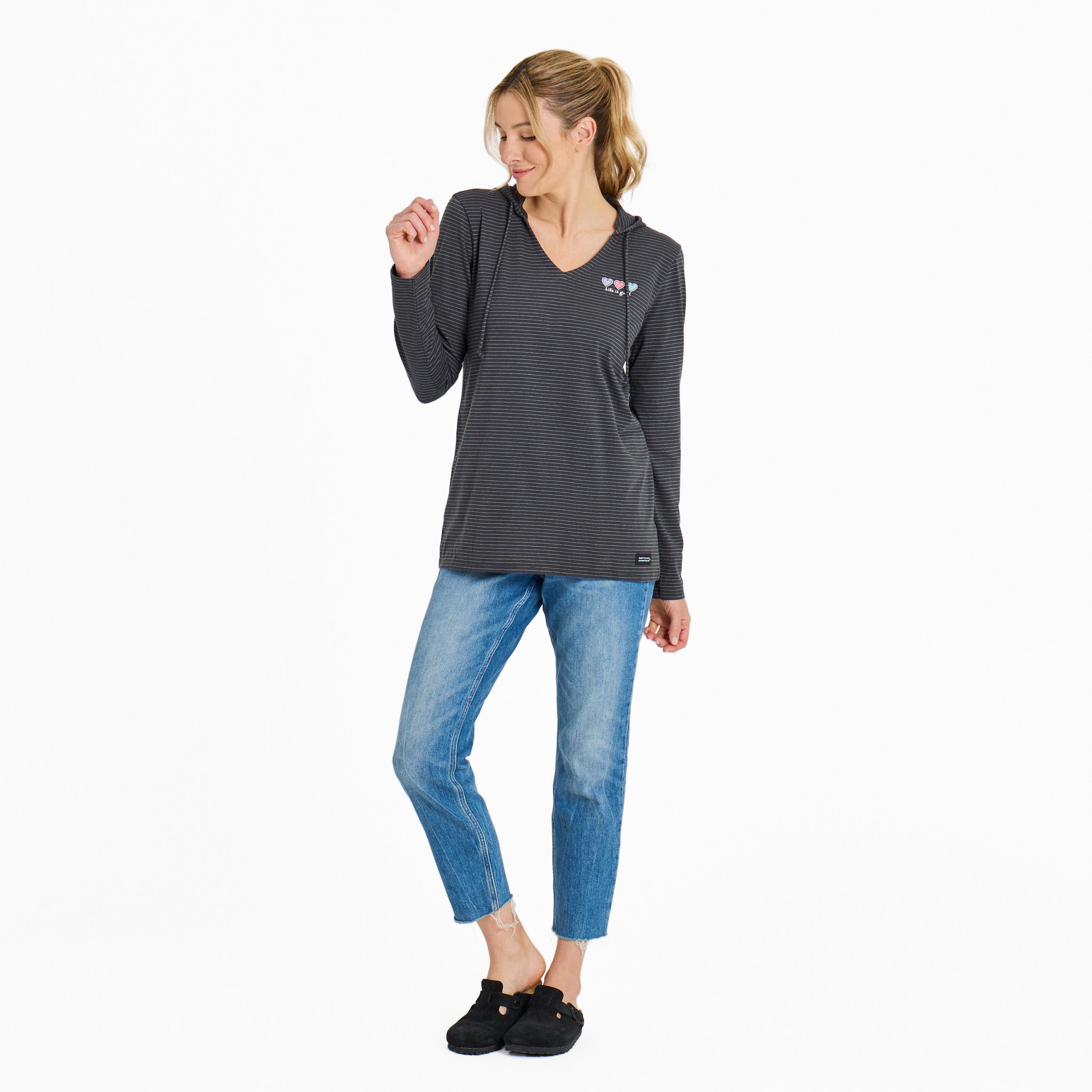 Women's 3 Hearts Long Sleeve Striped Crusher-LITE Hooded Tee