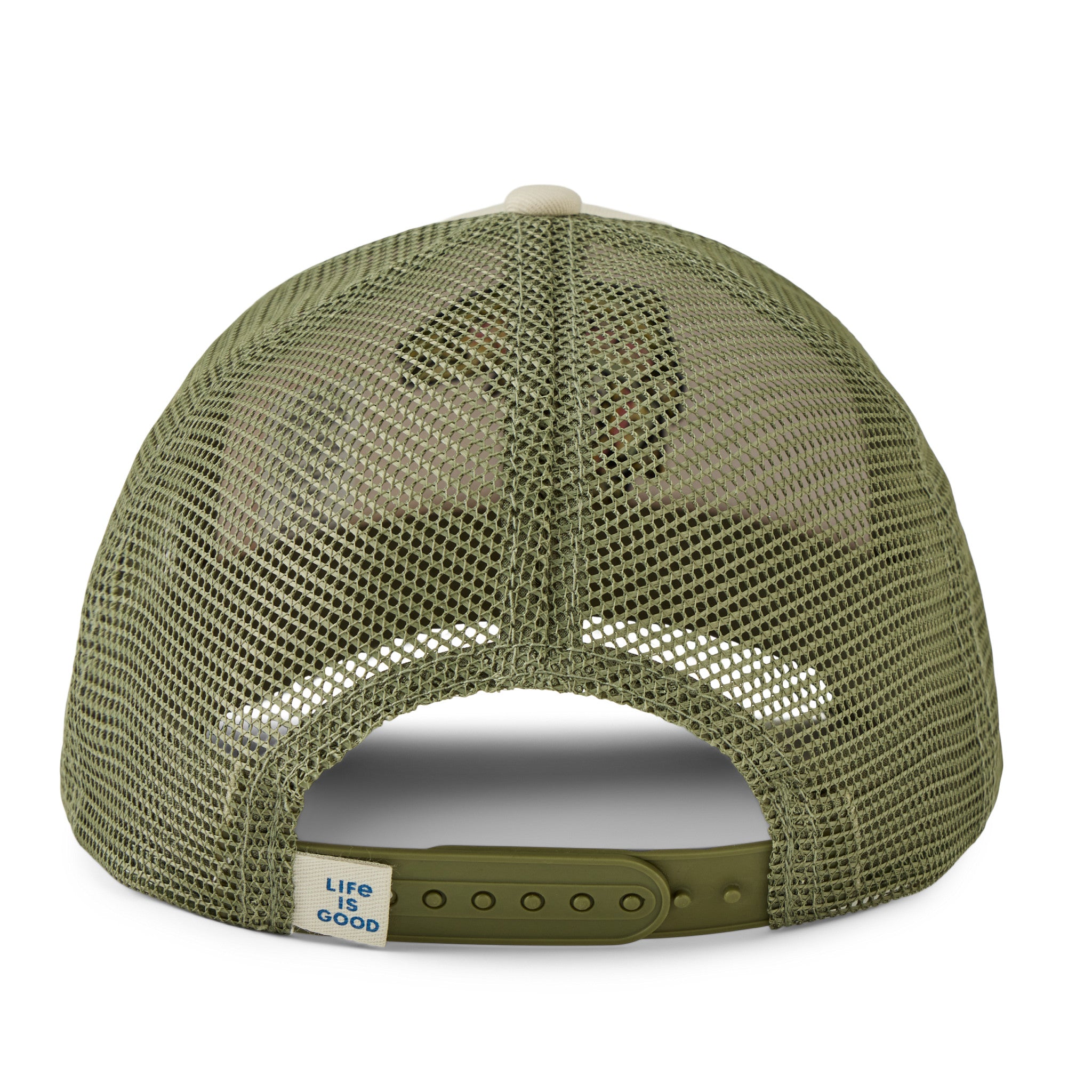 New Custom Designed Olive Green & Tan Mesh Trucker Hat with Blue & Green Flower Iris Flowers | Trucker Hat | Aqua | 100% Grey Recycled Mesh  main image 2