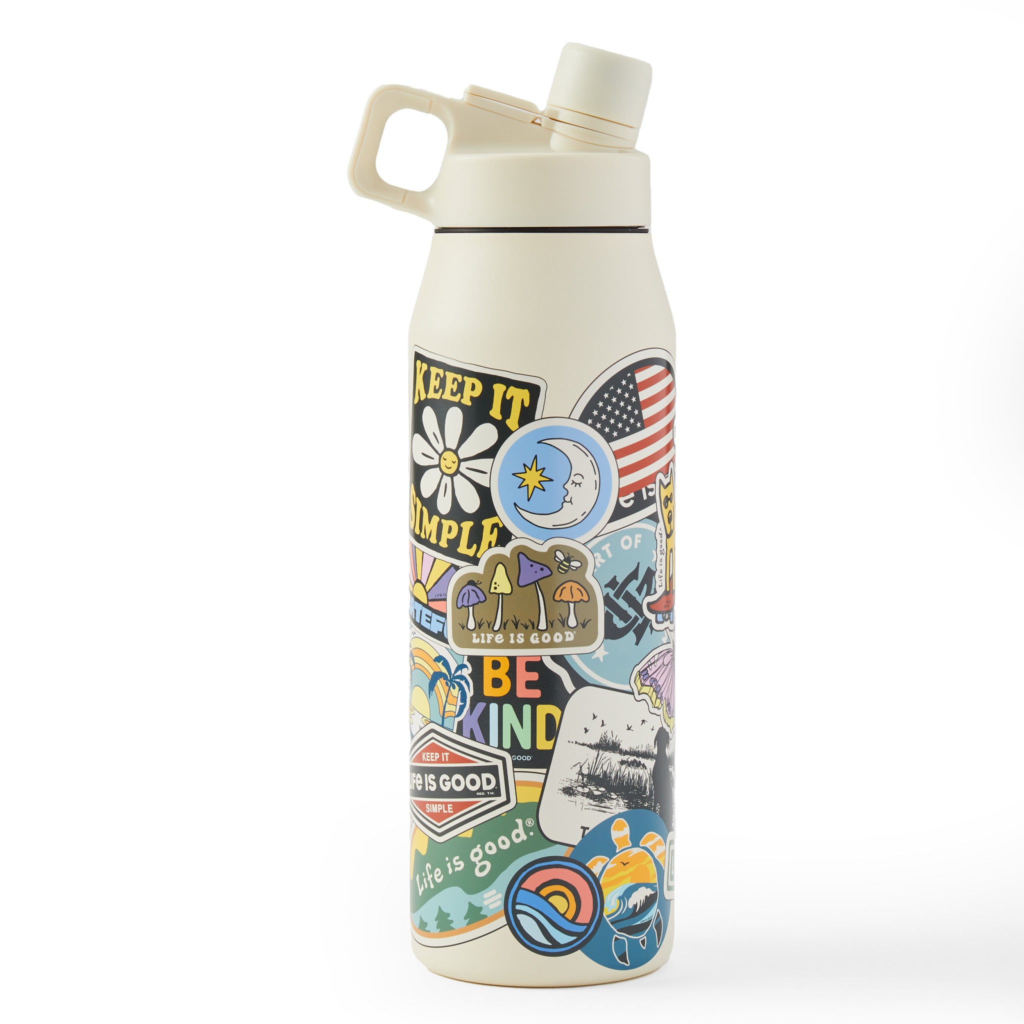 a thermos bottle _____ Life is Good Layered Sticker Collage Twist Top Bottle