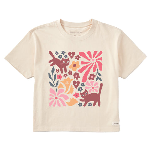 Women's Cats in Flower Field Short Sleeve Crusher Boxy Tee