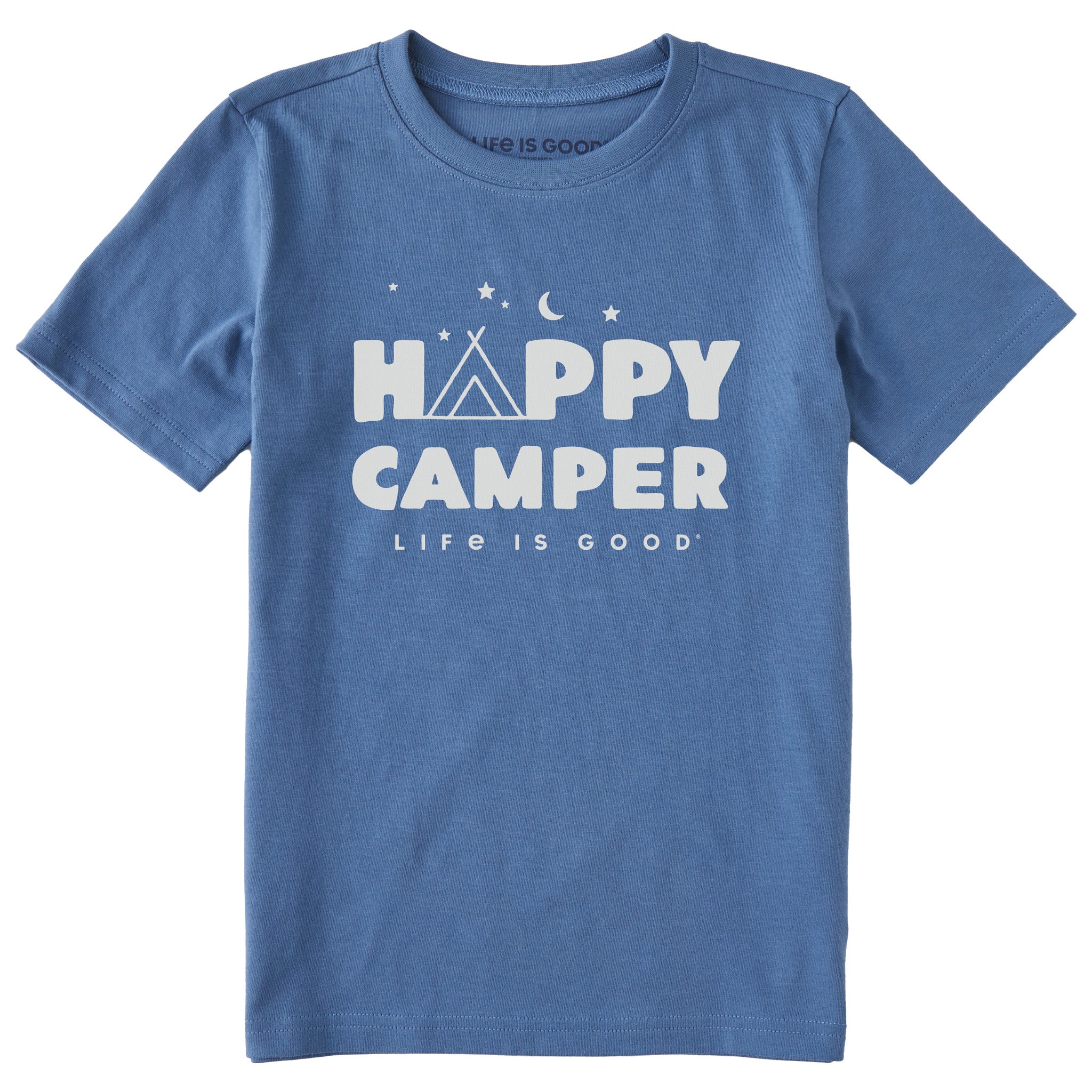 Life is Good Kids Happy Camper Tent Night Short Sleeve Crusher T-Shirt in Darkest Blue | Size 2XL
