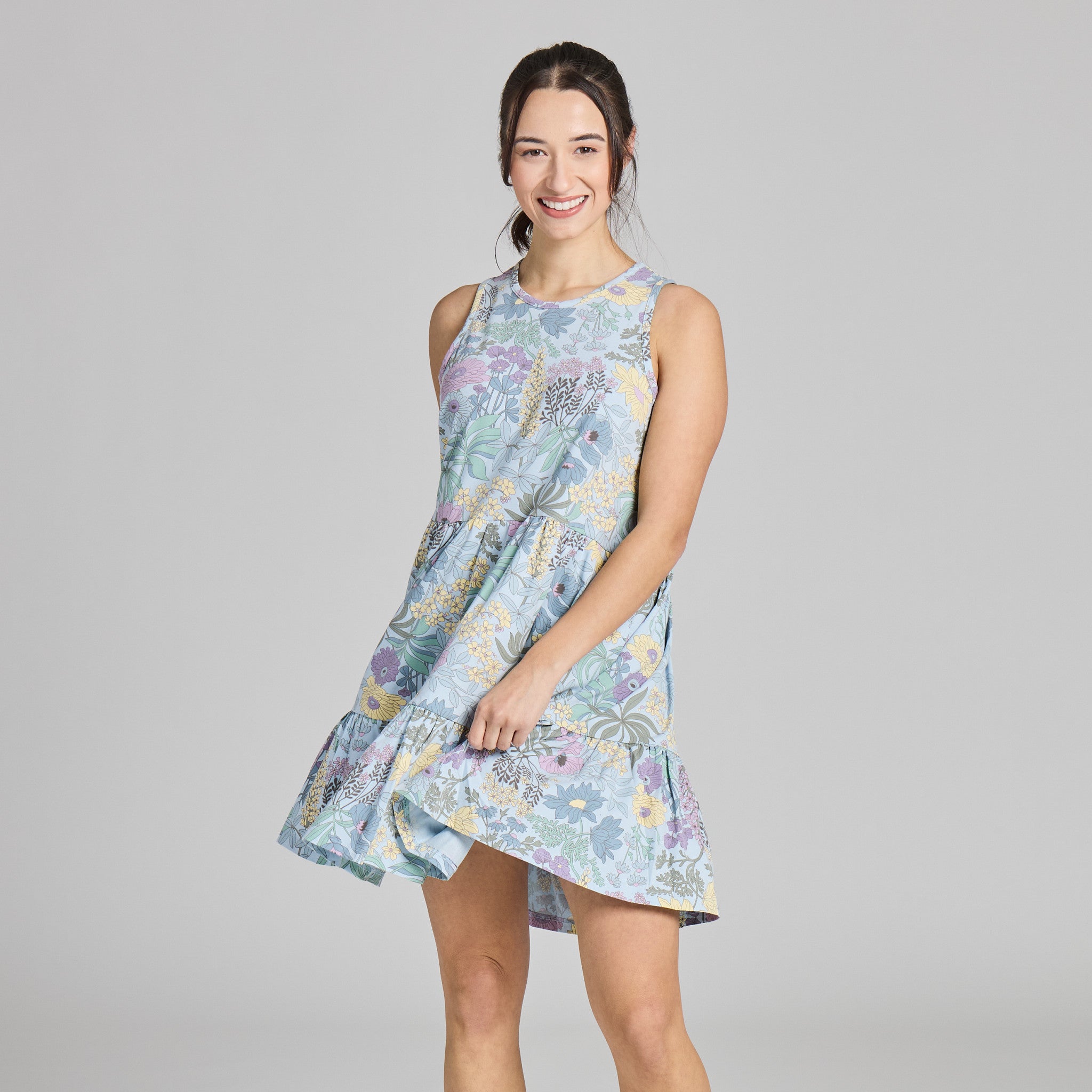 Life is Good Women's Botanical Garden Pattern Tiered Tank Dress Assortment Dresses in Glacier Blue | Size XS