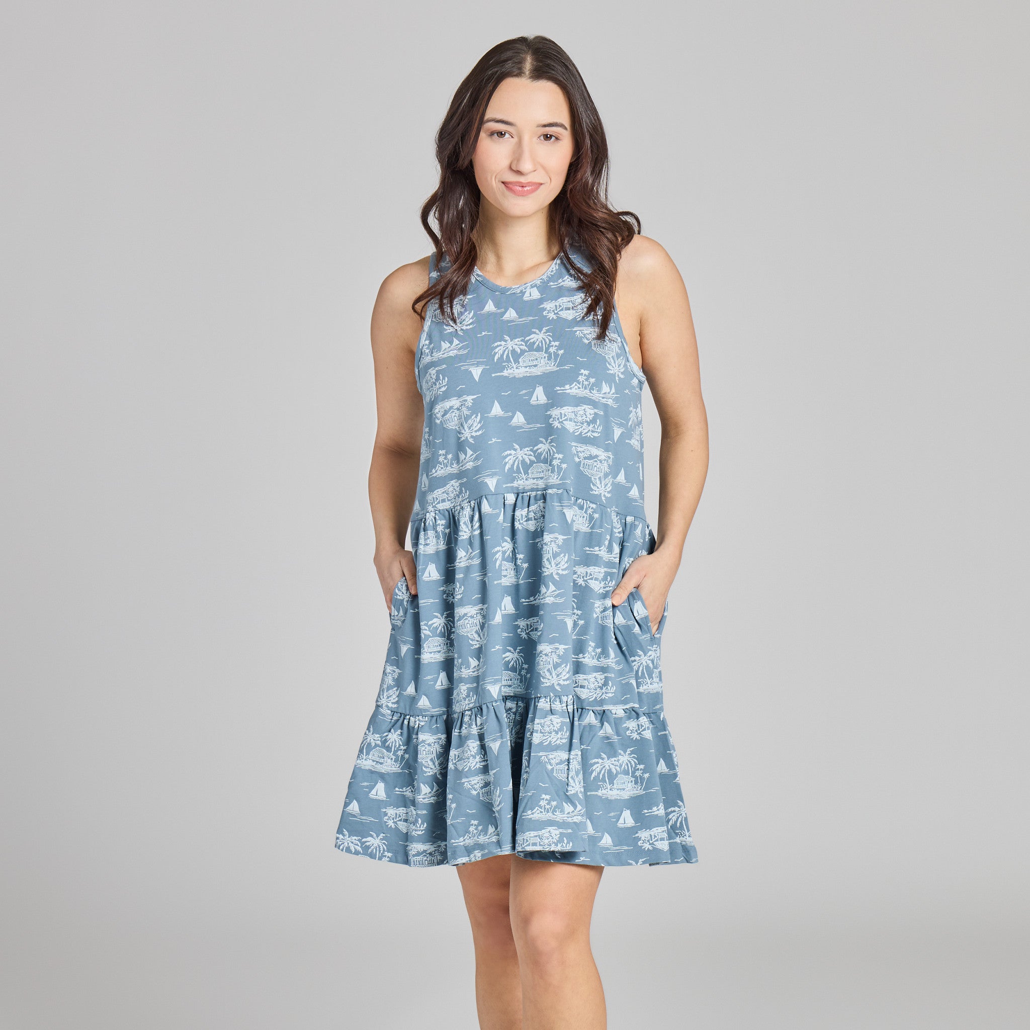 Life is Good Women's Island Hut Pattern Tiered Tank Dress Assortment Dresses in Slate Blue | Size XL