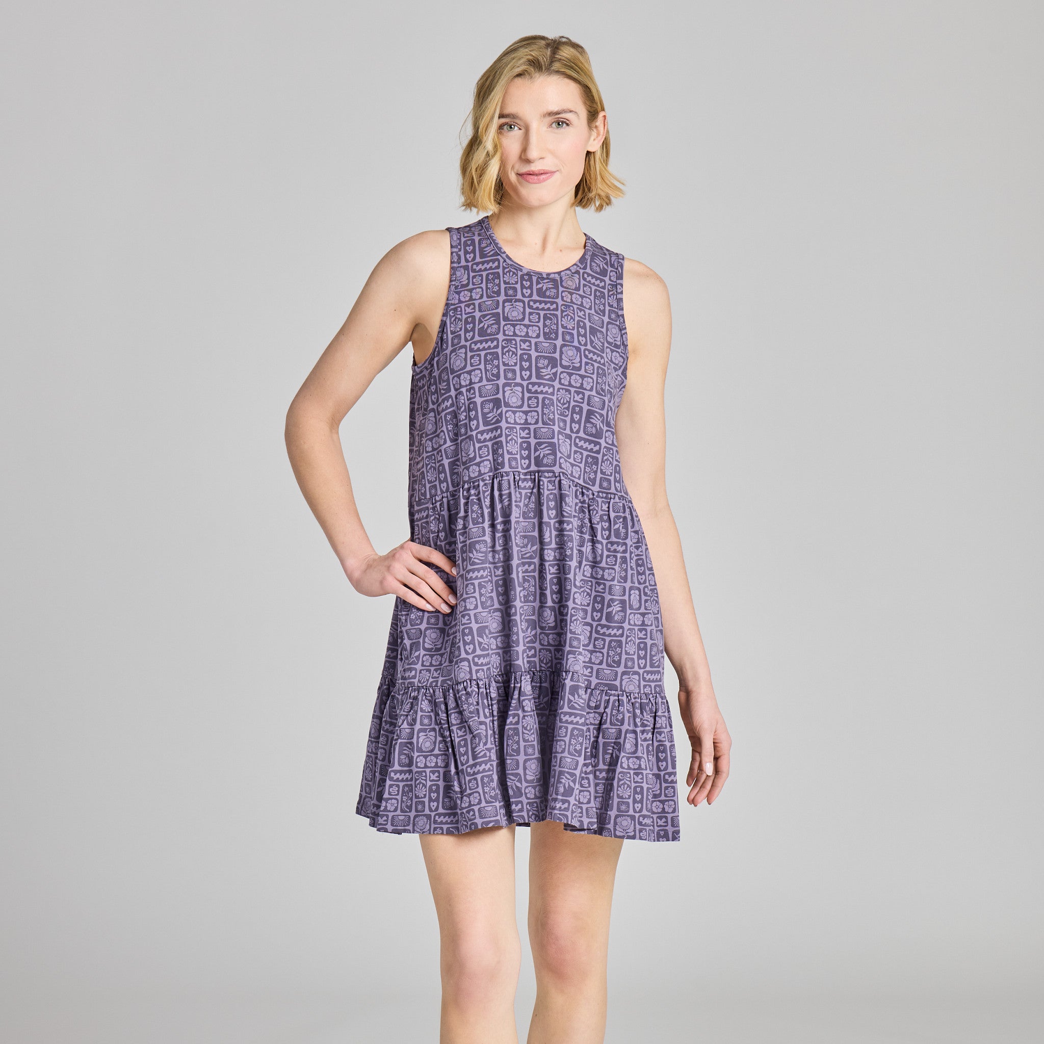 non traditional bridal dresses Life is Good Women's Woodblock Icon Pattern Tiered Tank Dress Assortment Dresses in Dusk Purple | Size XS