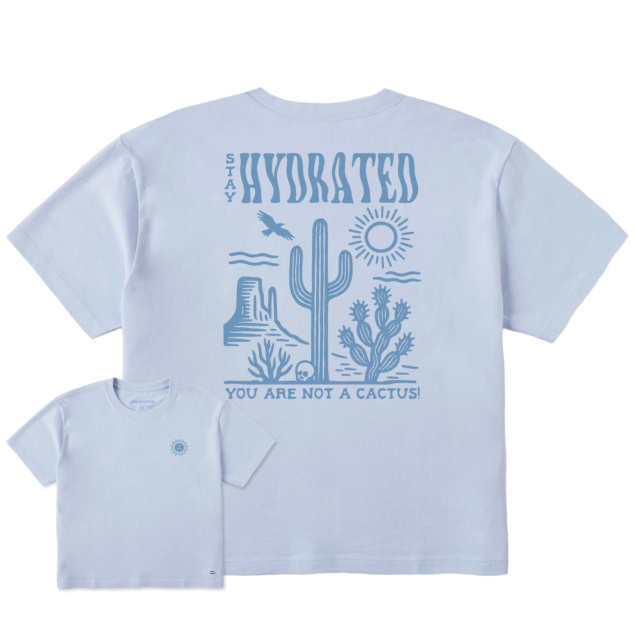 Life is Good Women's Stay Hydrated Cactus Short Sleeve Crusher Boxy T-Shirt in Glacier Blue | Size 2XL