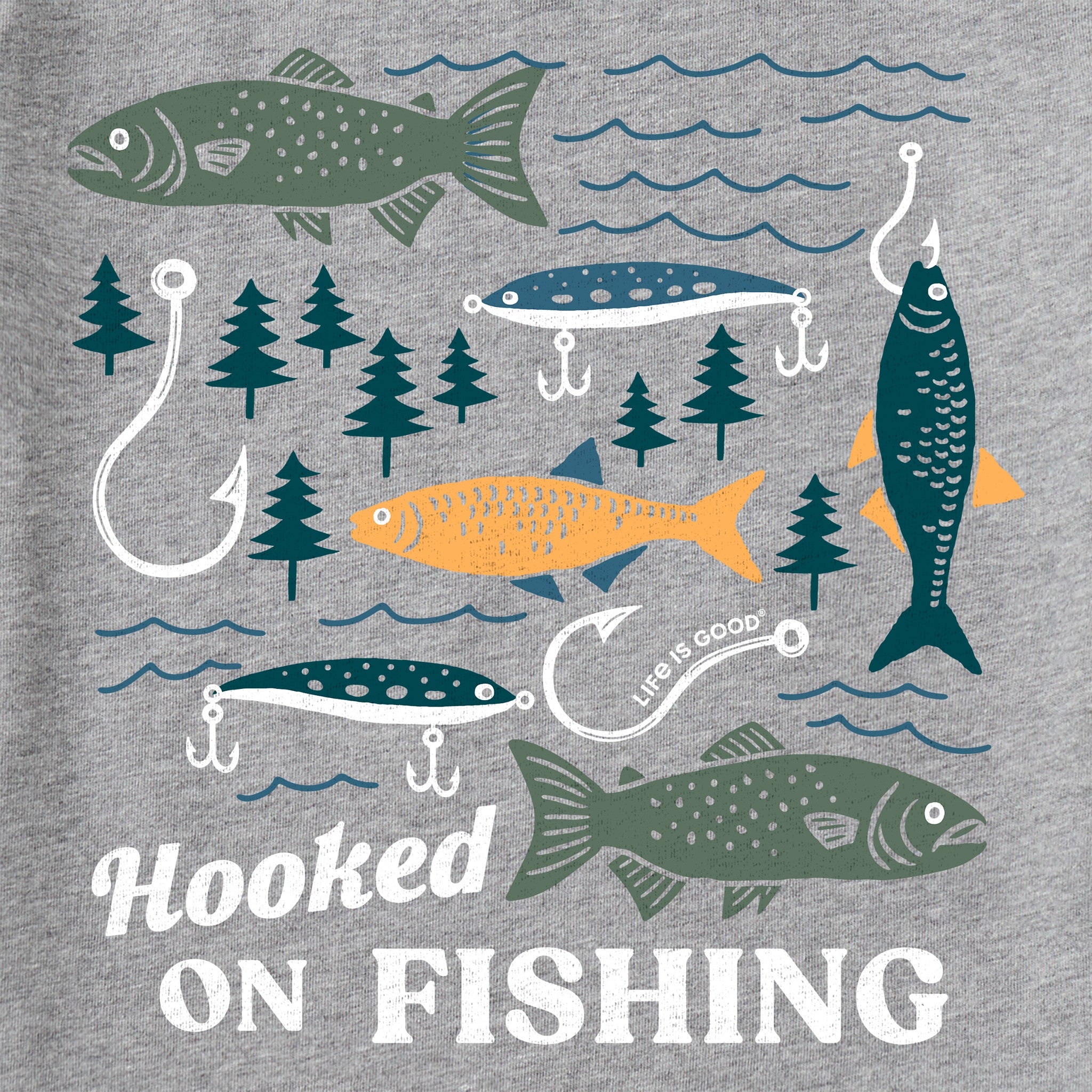 Life is Good Kids Hooked on Fishing Short Sleeve Crusher T-Shirt in Heather Gray | Size Large