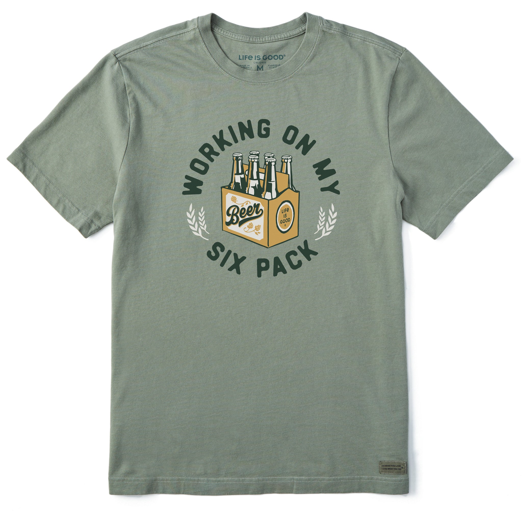 Life Is Good Men's Working On My Six Pack Short Sleeve T-Shirt Crusher-Lite in Moss Green | Size 2XL | Cotton/Polyester, image size:2048x2048