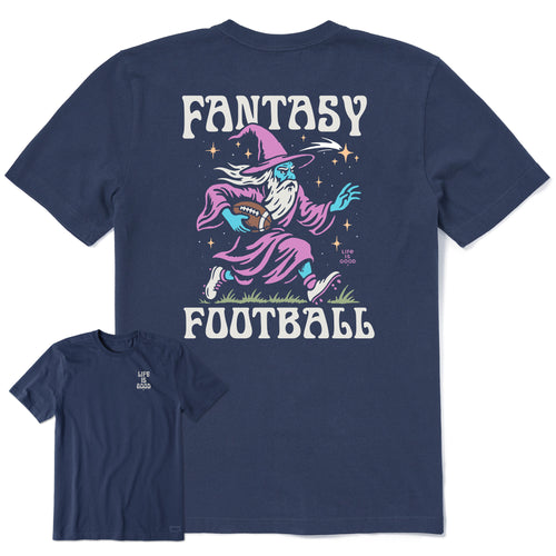 Life Is Good Men's Fantasy Football Rushing Wizard Short Sleeve T-Shirt Crusher in Darkest Blue Size Medium Cotton/Polyester
