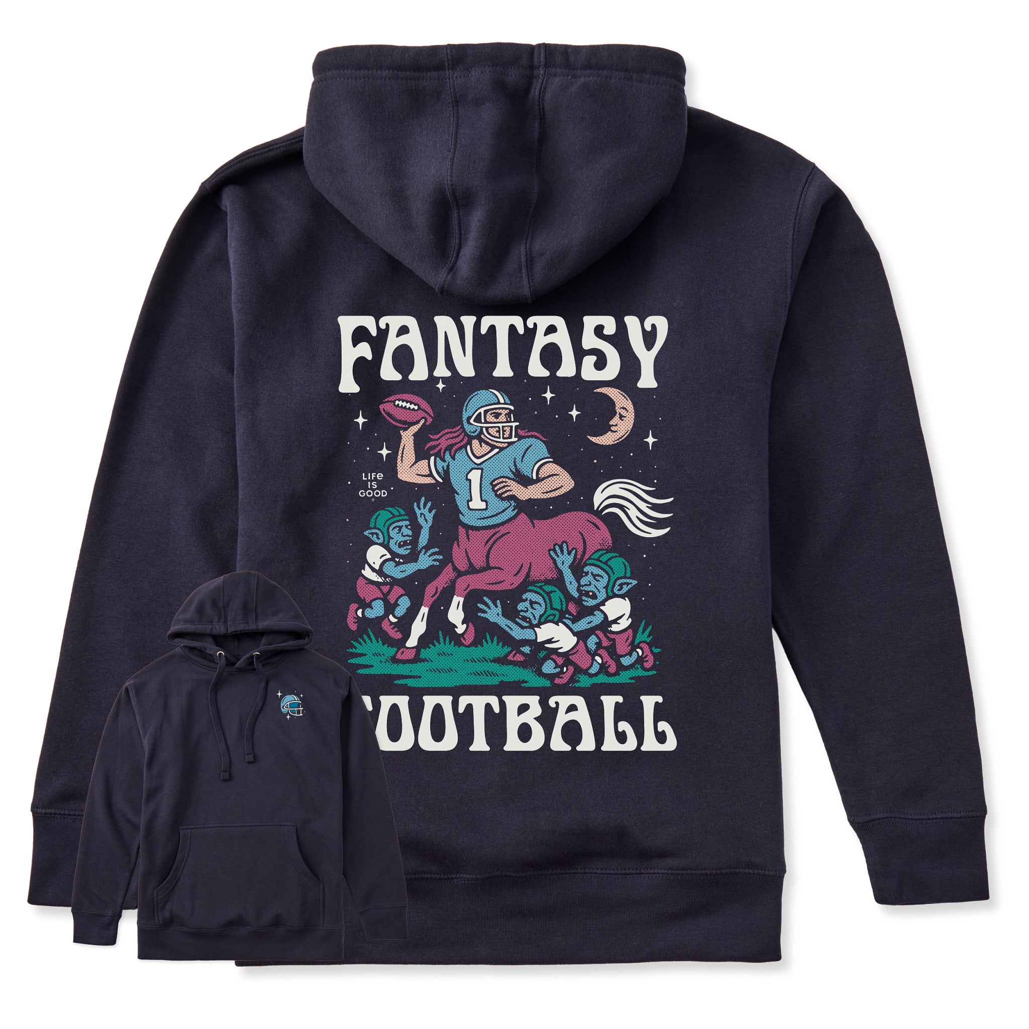 fantastic football gear Life is Good Adult Centaur Fantasy Football Every Wear Hoodie Sweatshirt Midweight Fleece in Navy Blazer | Size Small