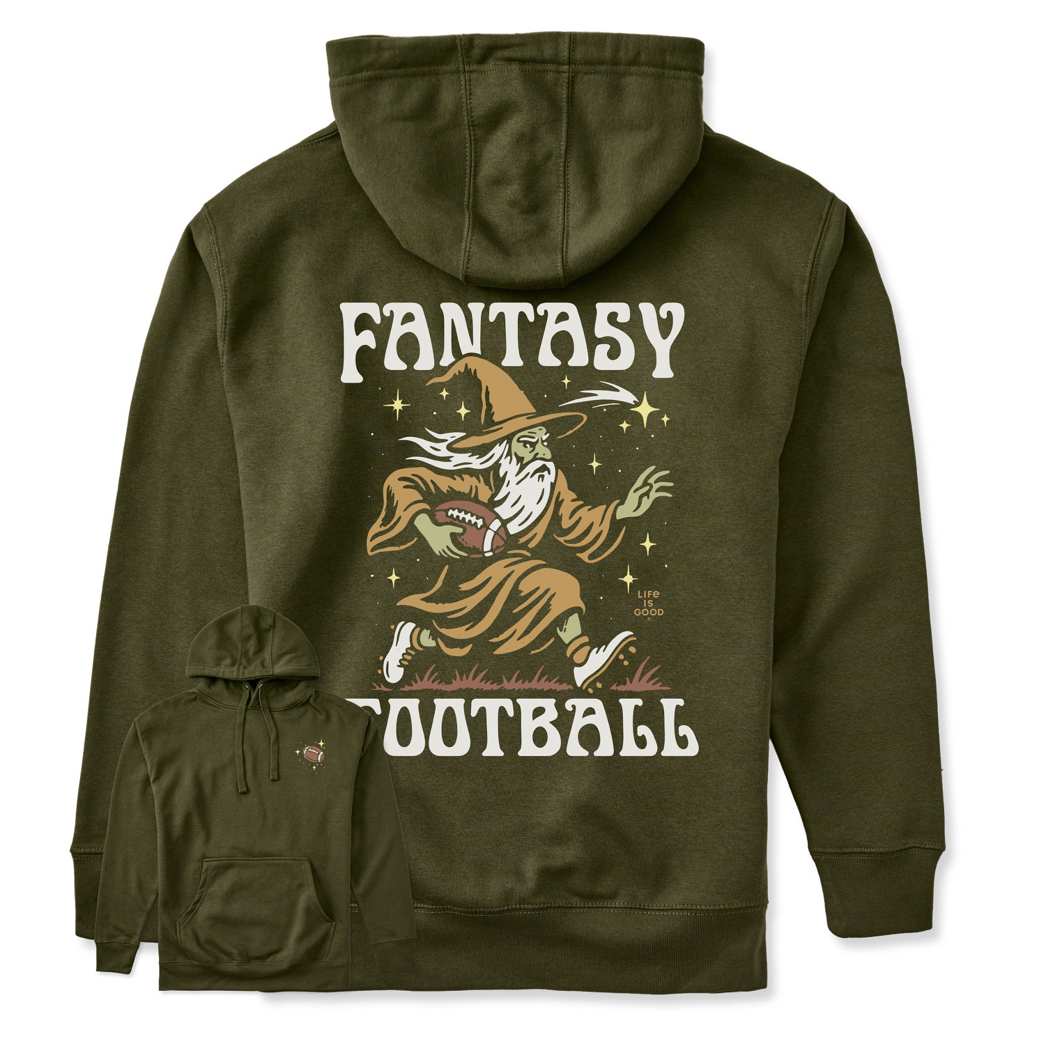 fantastic football gear Life is Good Adult Fantasy Football Wizard Every Wear Hoodie Sweatshirt idweight Fleece in Military Green | Size Medium