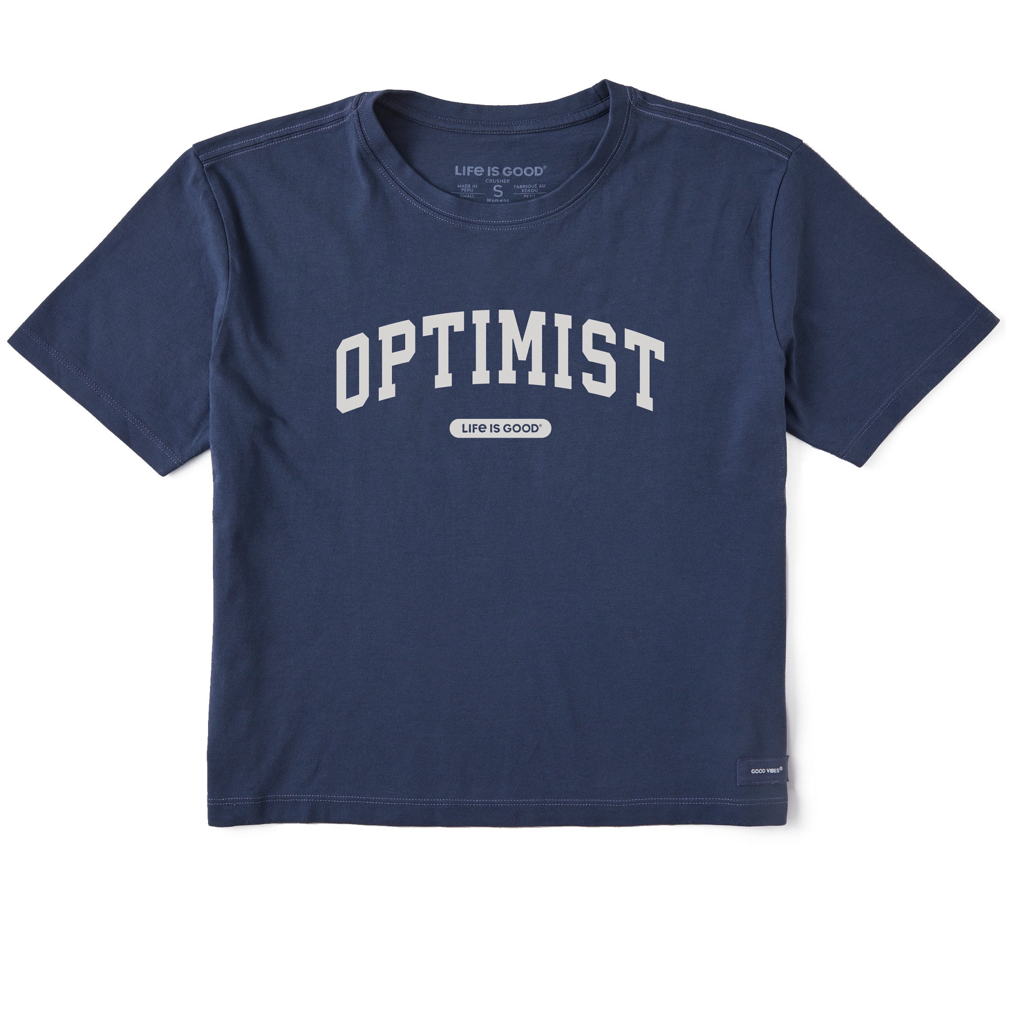 Life is Good Women's Optimist Arch Short Sleeve Crusher Boxy T-Shirt in Darkest Blue | Size XL