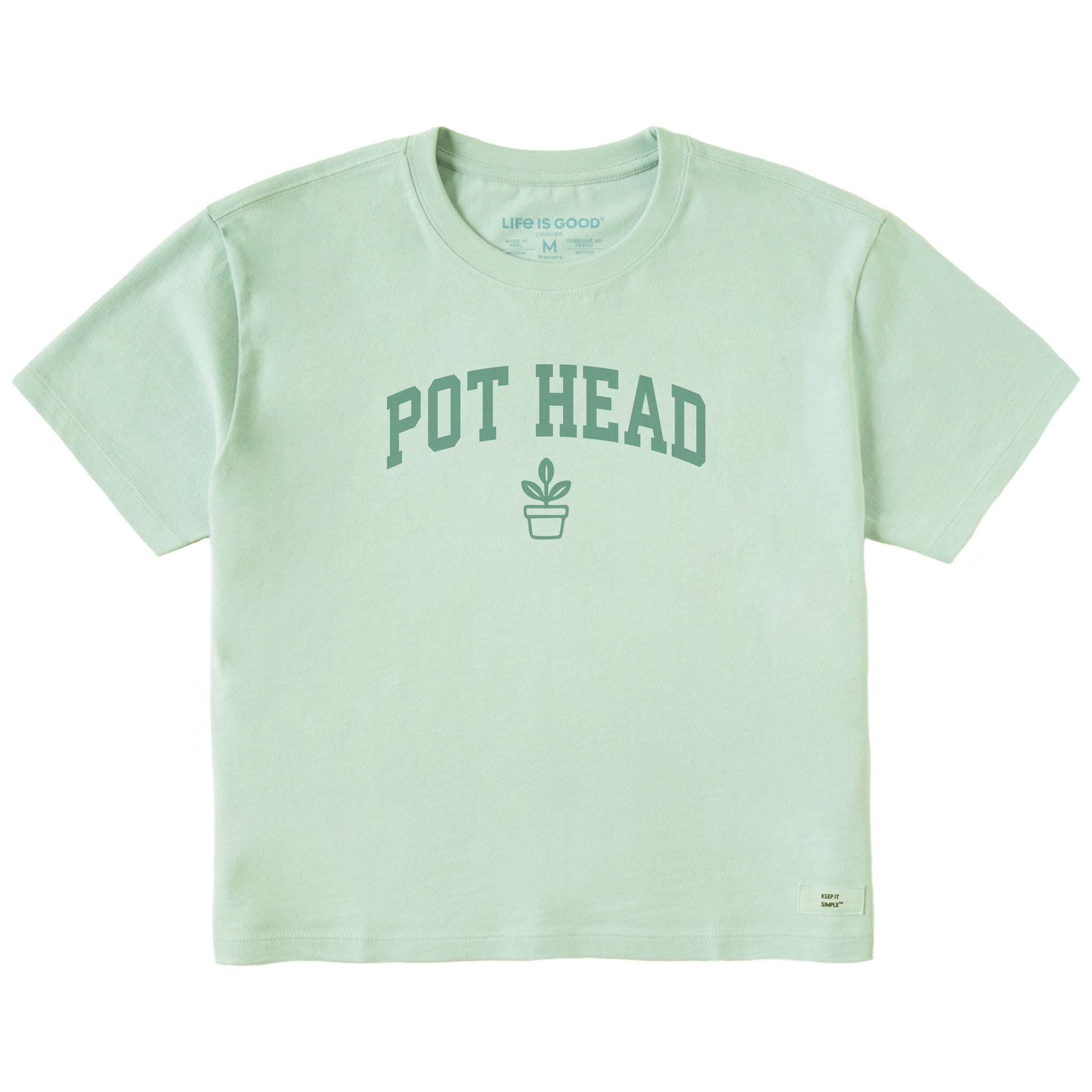 pothead gardening shirt Life is Good Women's Pot Head Arch Short Sleeve Crusher Boxy T-Shirt in Sage Green | Size XL