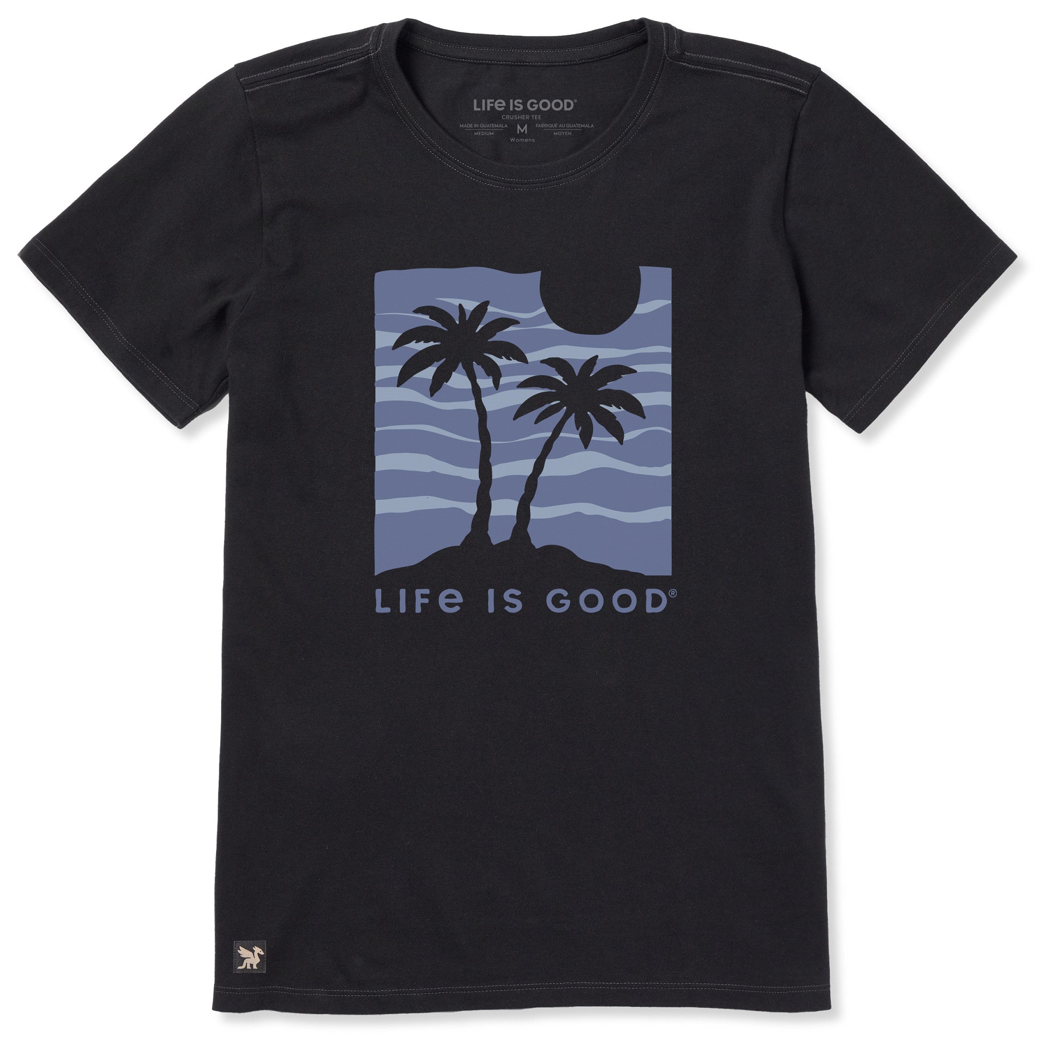 coconut palm tshirt womens Life is Good Women's Two Palms at Sunset Short Sleeve T-Shirt Crusher in Faded Black | Size Large