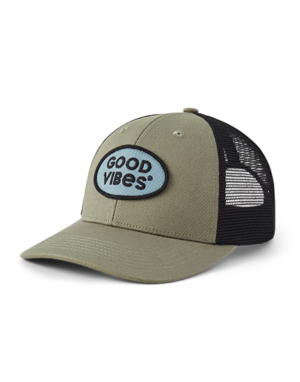 Adult Unisex Good Vibes Patch Trucker in moss green.