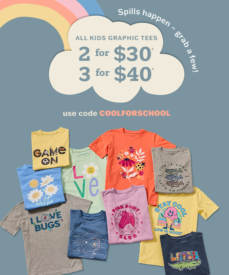All kids graphic tees 2 for $30, 3 for $40. Use code COOLFORSCHOOL at checkout.