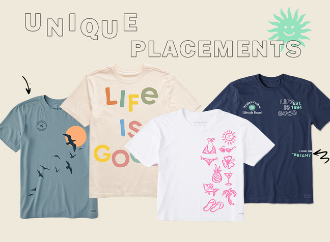 Tees with graphics in unique placements. Shop the looks.