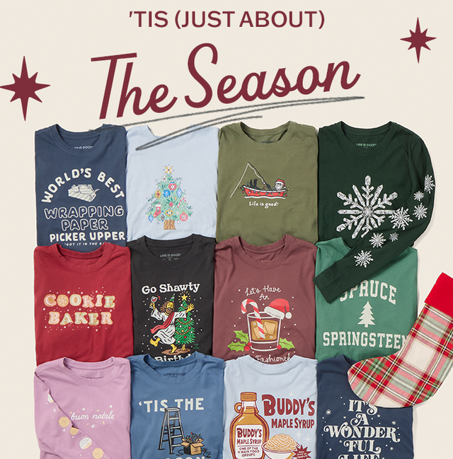’Tis (Just About) the Season: a collection of holiday graphic tees in festive colors.