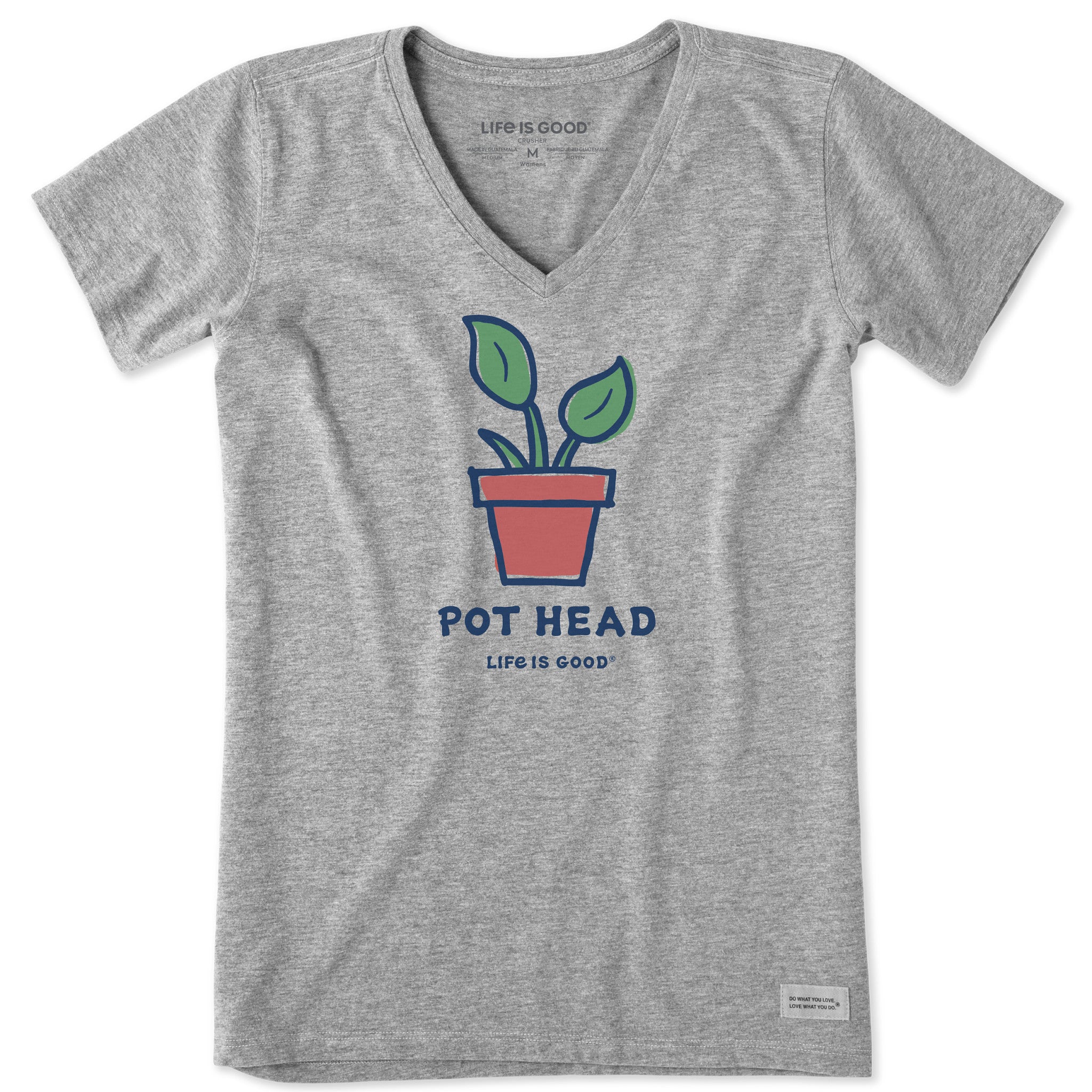 Life is Good Women's Pot Head Plant Short Sleeve Crusher-Lite Vee in Heather Gray | Size 2XL