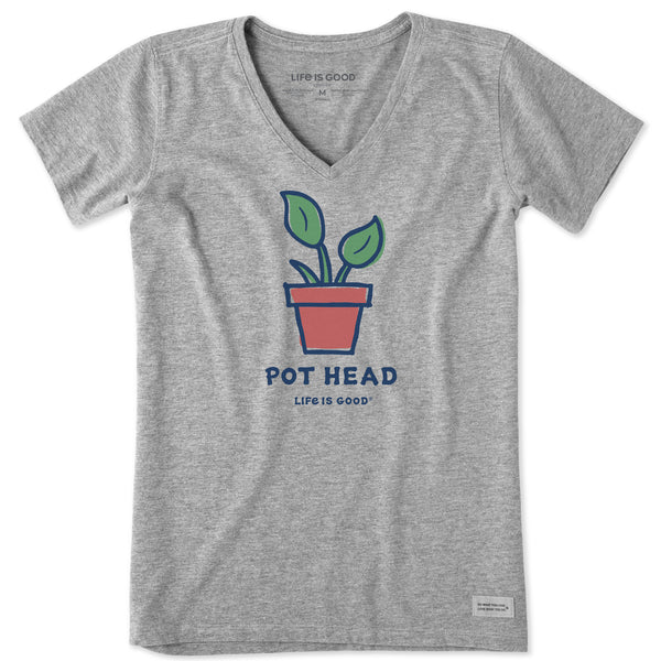 pothead plant shirt Life is Good Women's Pot Head Plant Short Sleeve Crusher-Lite Vee in Heather Gray | Size 2XL