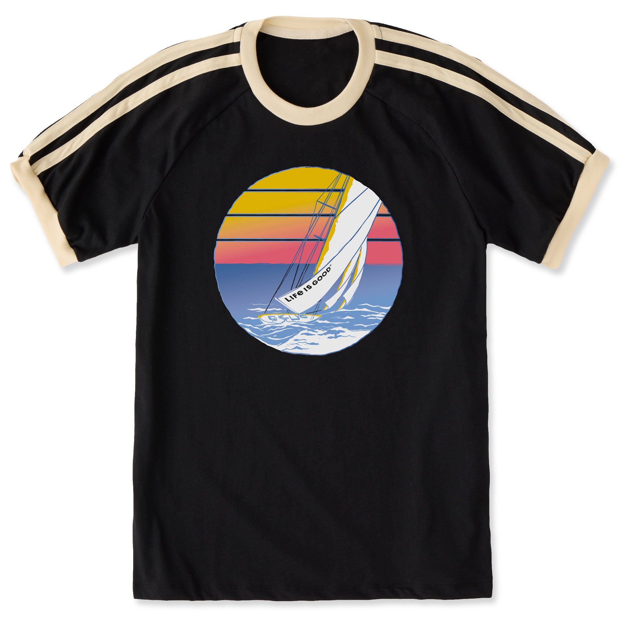 Unisex Sailboat Circle Shoulder-Striped Ringer Tee | Shop Life is Good